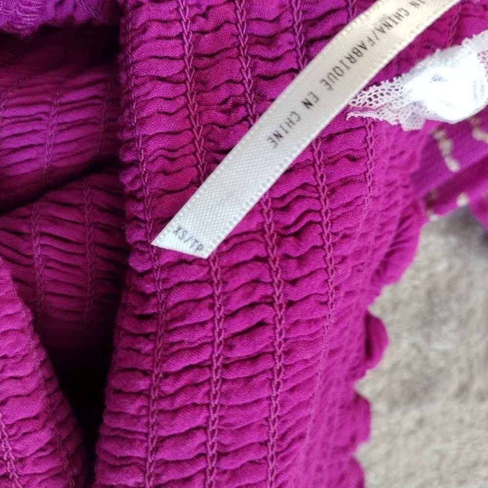Free People Off-Shoulder Smocked Silver Foil Print Dress XS Purple Romantic Boho - Picture 7 of 10
